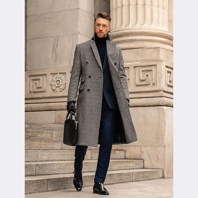 Grey checked 100% wool double breasted overcoat with suit collar and horn clasp, front view on mannequin