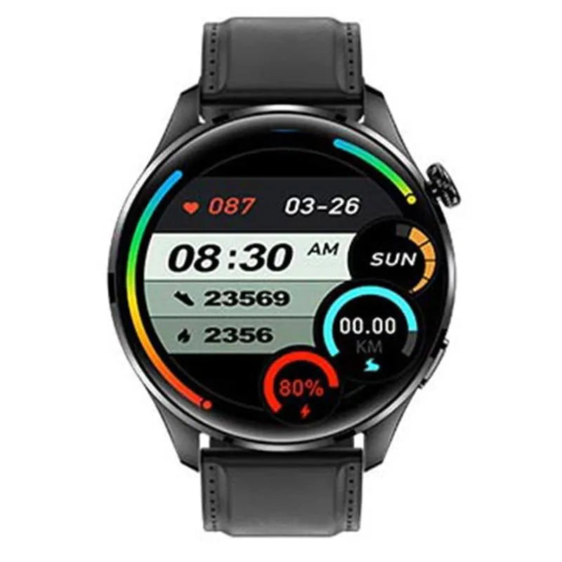 Smart watch with round colour touchscreen on a black silicone strap, showing access control and calling functions.