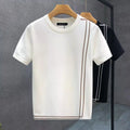 Striped knitted ice silk short sleeve men's slim fit T-shirt in black, drop shoulder design, summer retro style