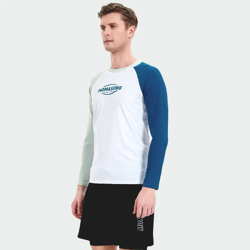 Men's white long sleeve swim shirt with matching beach trunks set for water sports