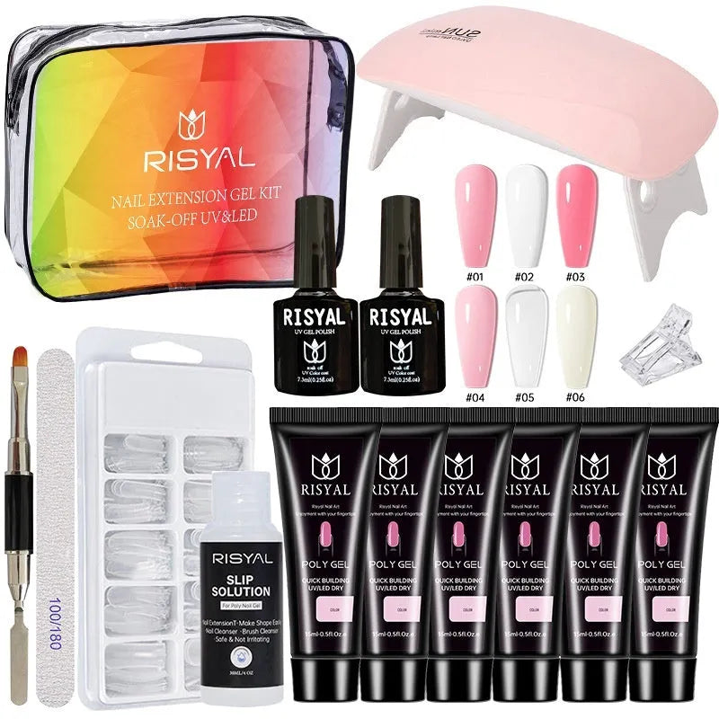 UV nail polish full set with crystal extension glue, mini baking lamp, base glue, sealing layer and six extension glues in a zipper bag