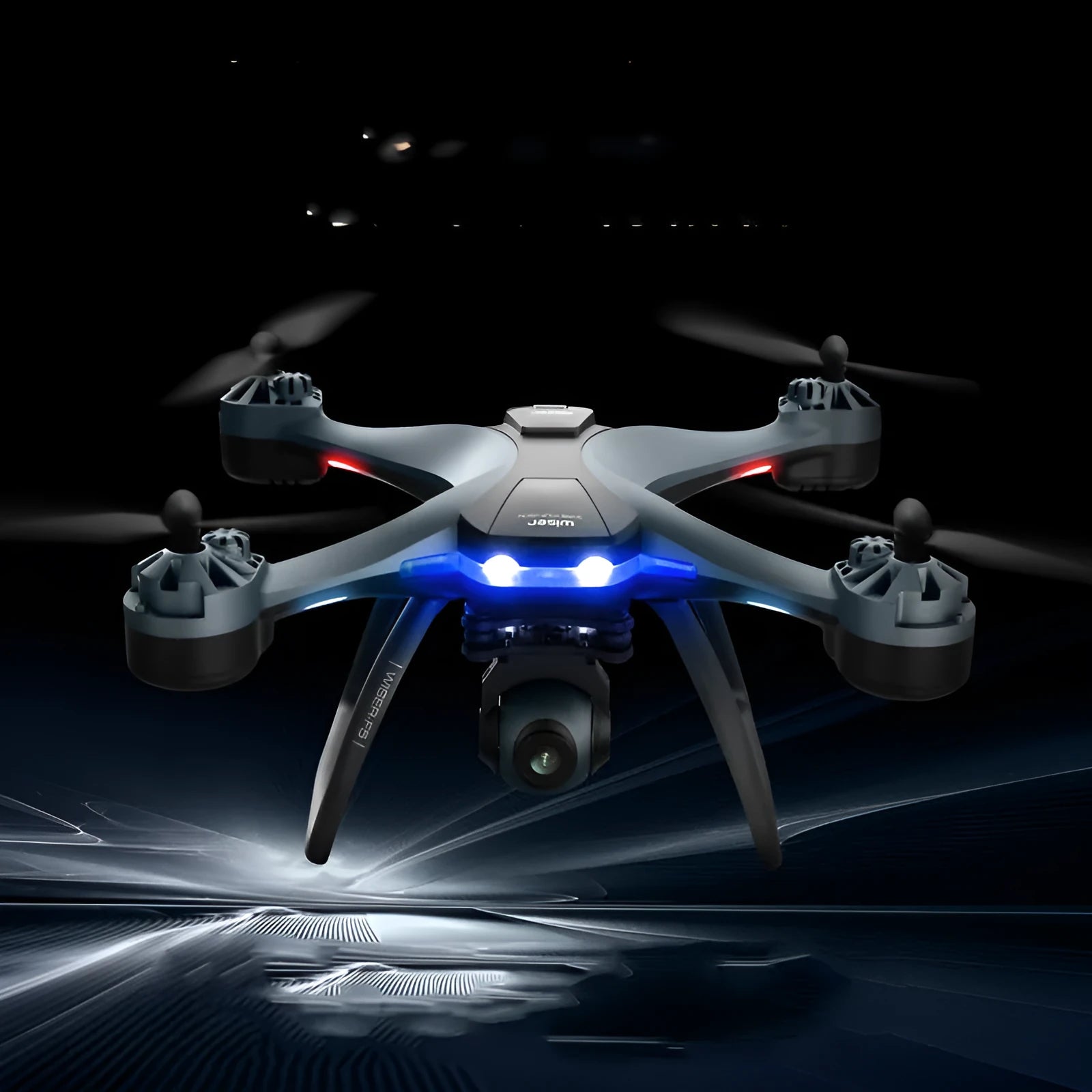 GPS remote control quadrocopter aircraft with dual cameras, spare blades, and handle controller on a table.