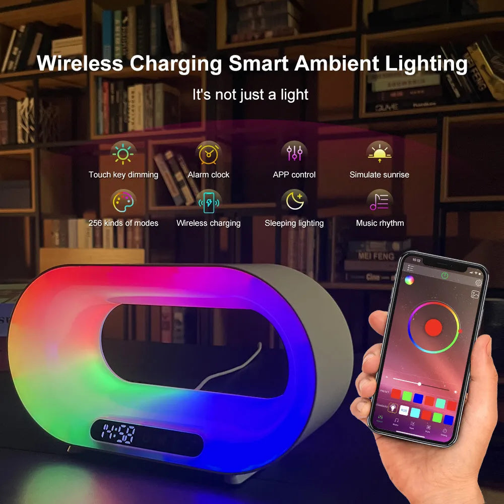 White smart desk lamp with central wireless charging pad and surrounding RGB LED light strip