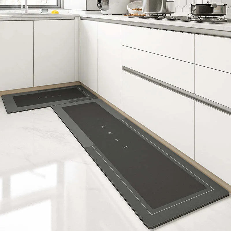 Blended material bathroom floor mat in oval and rectangle shapes on a tiled floor.