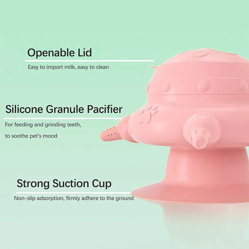 Pink silicone pet milk feeding bowl with bionic breast design and four teats.