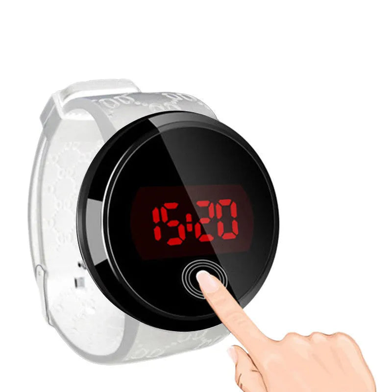 Men and women couple sports LED electronic touch watch with round glass dial and black PU strap