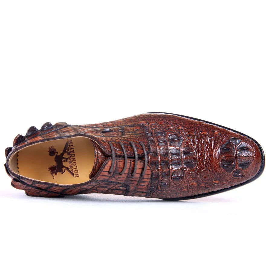 Men's brown crocodile skin leather business dress shoes with leather sole, side view