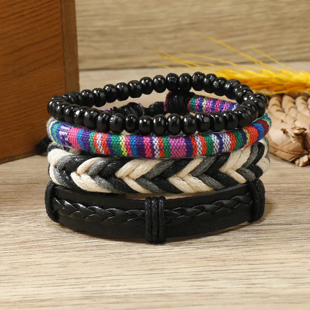 Bohemian ethnic style colourful leather bracelet set with geometric patterns on a neutral background