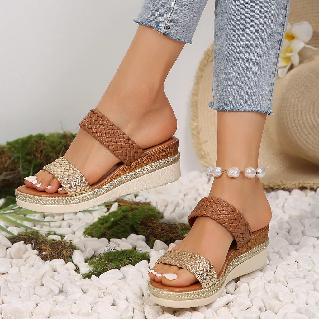 Women's plus size wedge sandals in gold metallic PU leather with rubber wedge soles