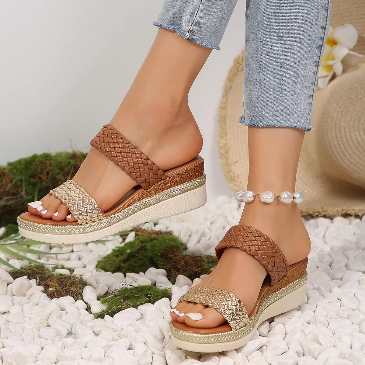 Women's plus size wedge sandals in gold metallic PU leather with rubber wedge soles