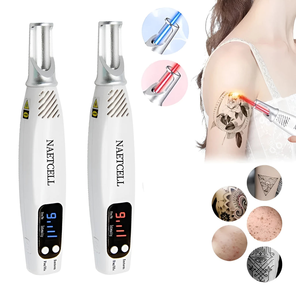 Picosecond laser pen in blue and red colours for tattoo removal and dark spot treatment, with charge cable and safe goggles