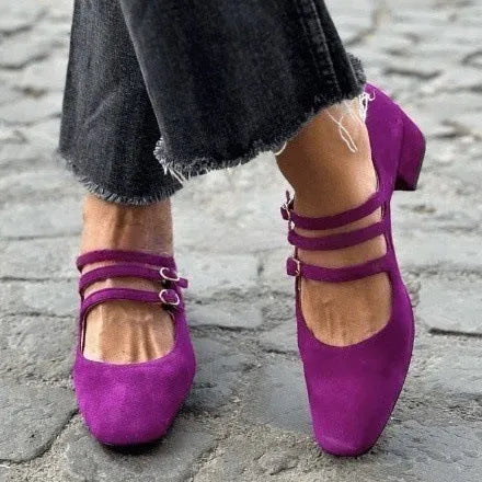 Women's suede square toe chunky high heels in blue purple and rose red, sizes 34-43, with buckle detail and over 8cm heel