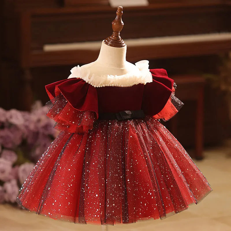 Wine red polyester children's princess dress for girls suitable for heights 80cm to 150cm