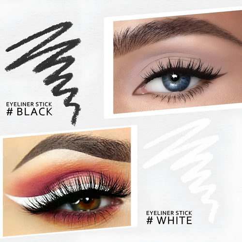 12 white and black retractable eyeliner pencils and a sharpener laid out on a flat surface.