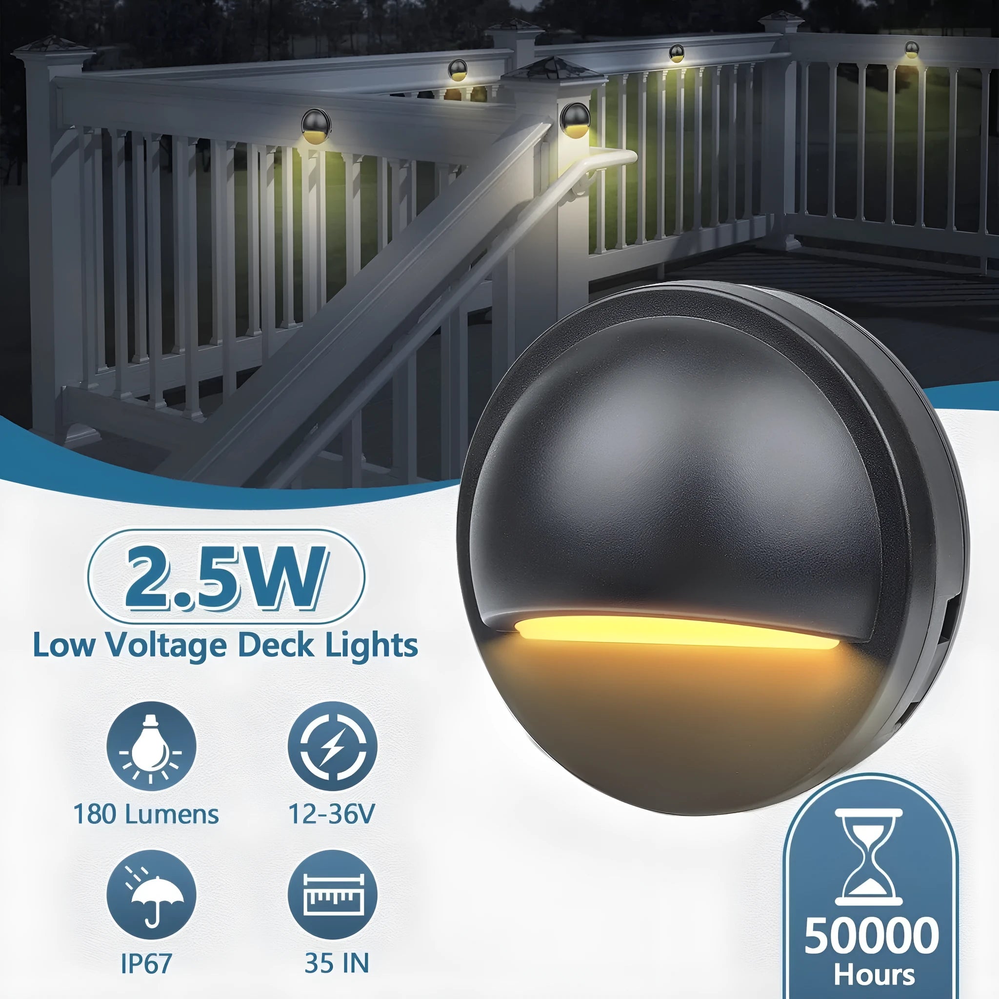 Low voltage outdoor step light with IP67 rating, measuring 96mm by 55mm, for garden and path illumination.