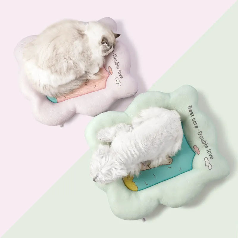 Green and pink ice silk pet cooling mat shown in four sizes for small to medium dogs and cats.
