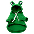 Green frog costume hoodie on a small dog, showing hood with frog face and four-legged jumper fit.