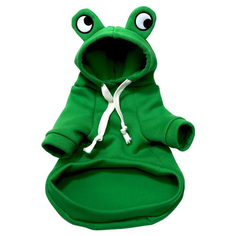 Green frog costume hoodie on a small dog, showing hood with frog face and four-legged jumper fit.