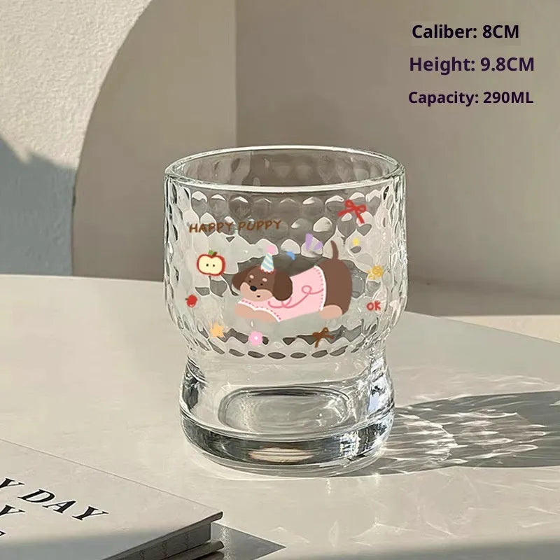 Cartoon 290ml soda lime glass cup with cute blue dog sticker, round shape, single layer, modern simplicity