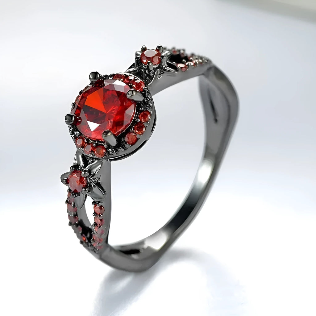 Black gold plated wave shaped ring with red zircon stone on copper band for women Korean style