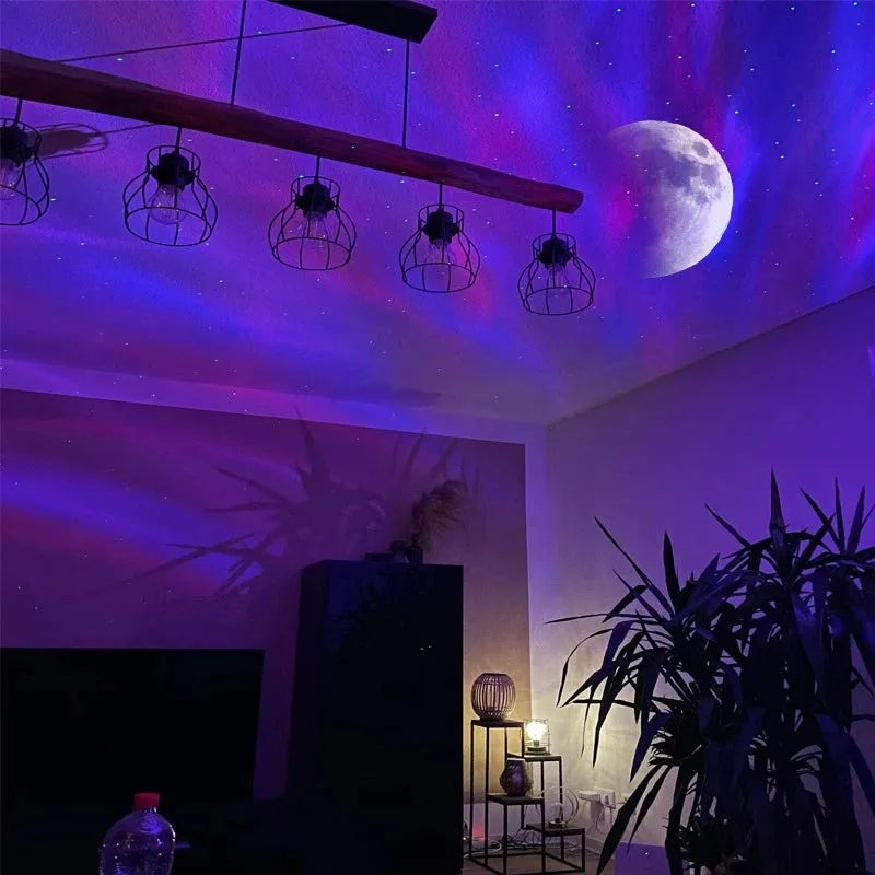 White Aurora Borealis star projector lamp with remote control projecting green stars and Northern Lights on wall