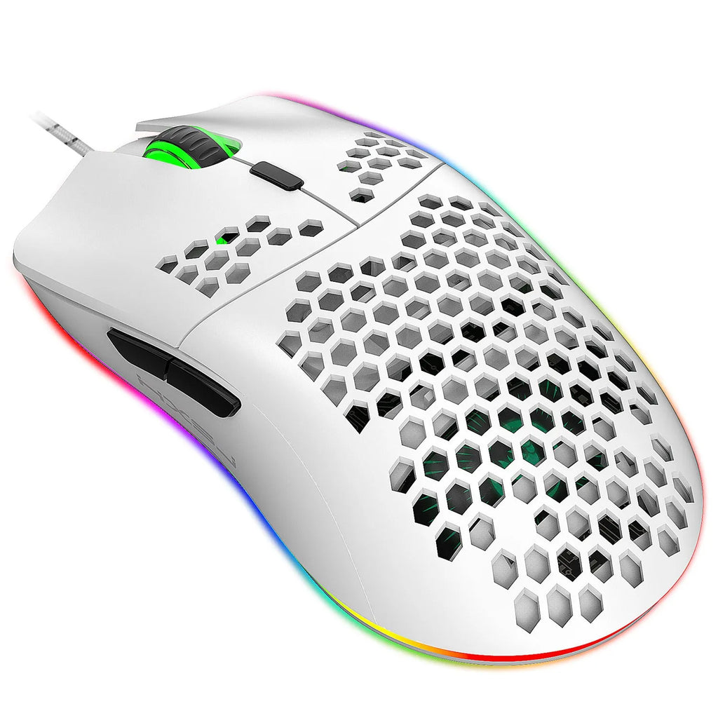 J900 lightweight honeycomb shell wired gaming mouse with RGB lighting, black colour, 6 buttons and 150cm cable