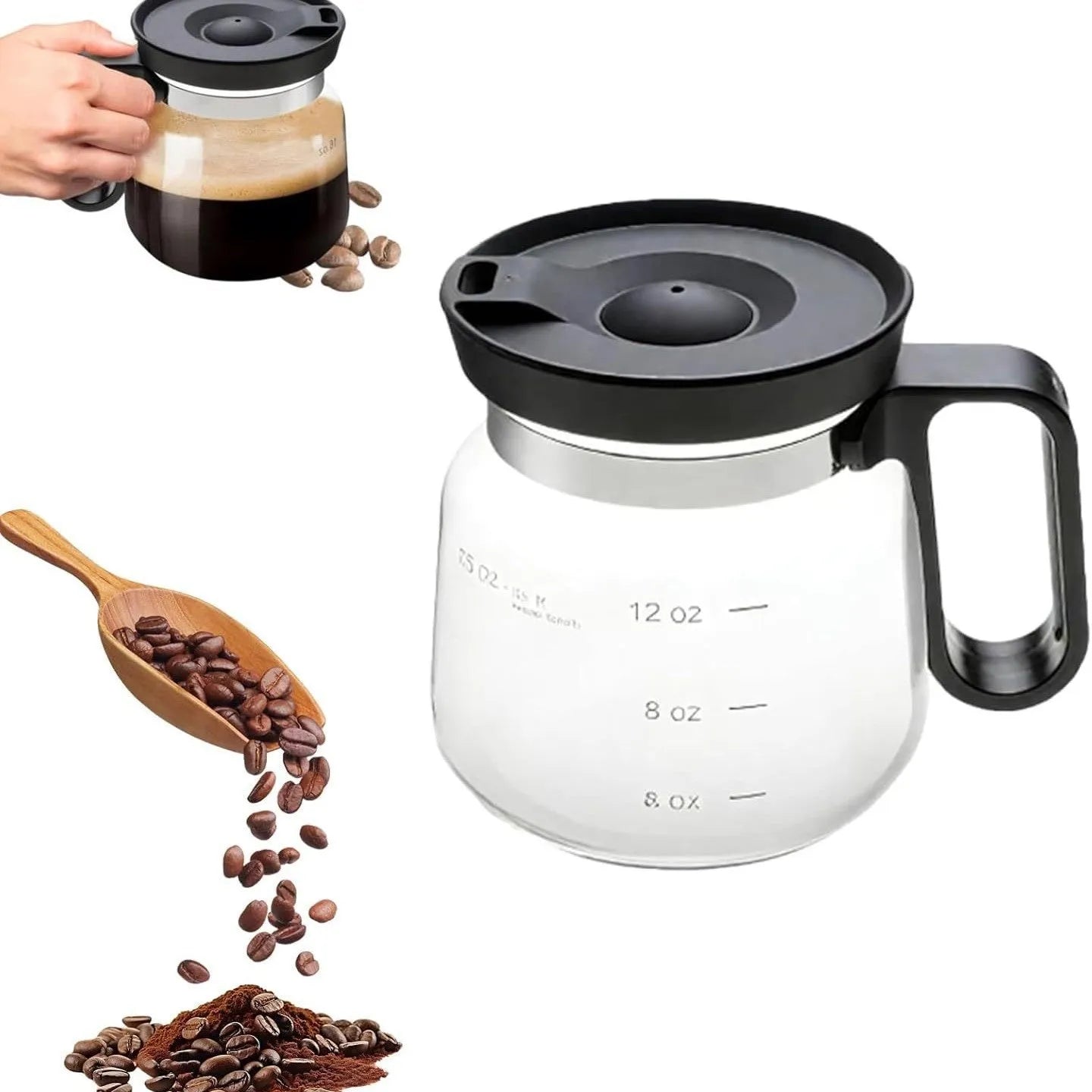 Black 16 oz borosilicate glass coffee cup coffee pot style on table