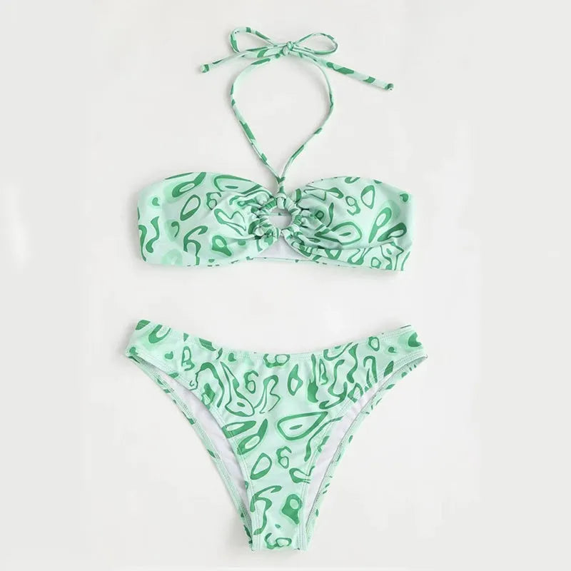 Green floral bandeau bikini split swimsuit with high elasticity polyester fabric