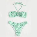 Green floral bandeau bikini split swimsuit with high elasticity polyester fabric