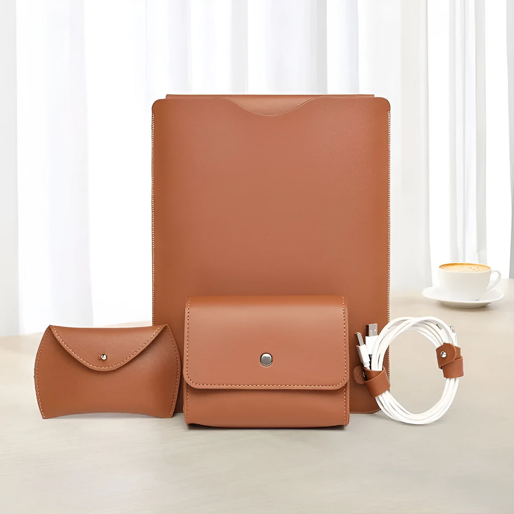 Four-piece brown imitation leather edge protection strips for a MacBook laptop.