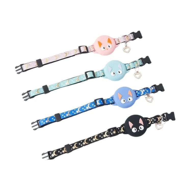 Adjustable plastic cat collar with integrated Apple AirTag protective case in pink colour.