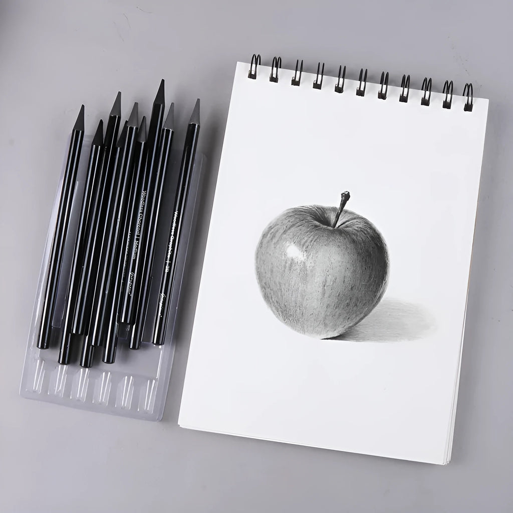 A pack of wooden graphite and carbonised drawing pencils on a suction card.