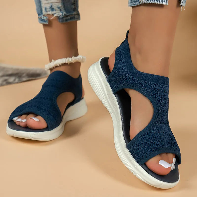 Women's flyknit sandals hollow peep-toe Roman shoes in grey with PU upper and breathable design