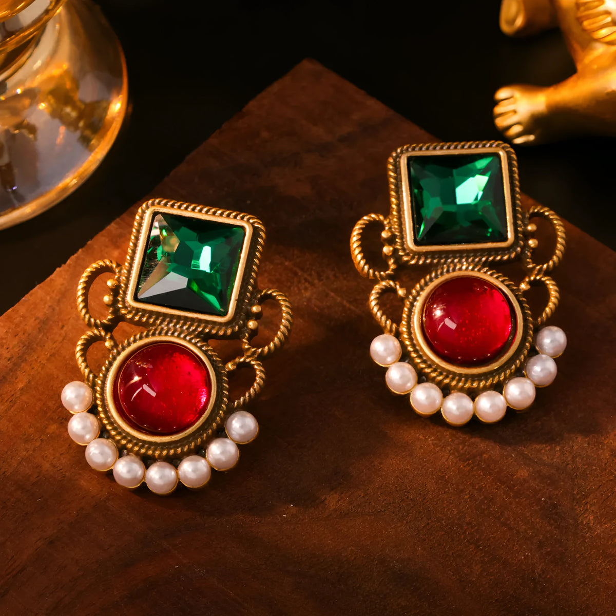 Colourful jelly glaze flower ear studs in alloy with electroplated finish, Chinese style, 3.8 x 2.9 cm