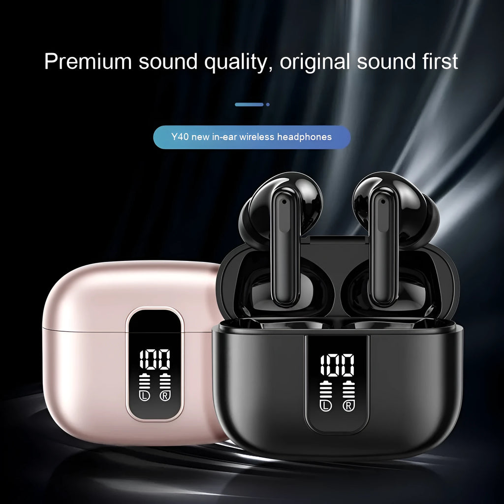 Y40 true wireless Bluetooth earphones with charging case in black, featuring ANC ENC noise cancellation and 13mm driver