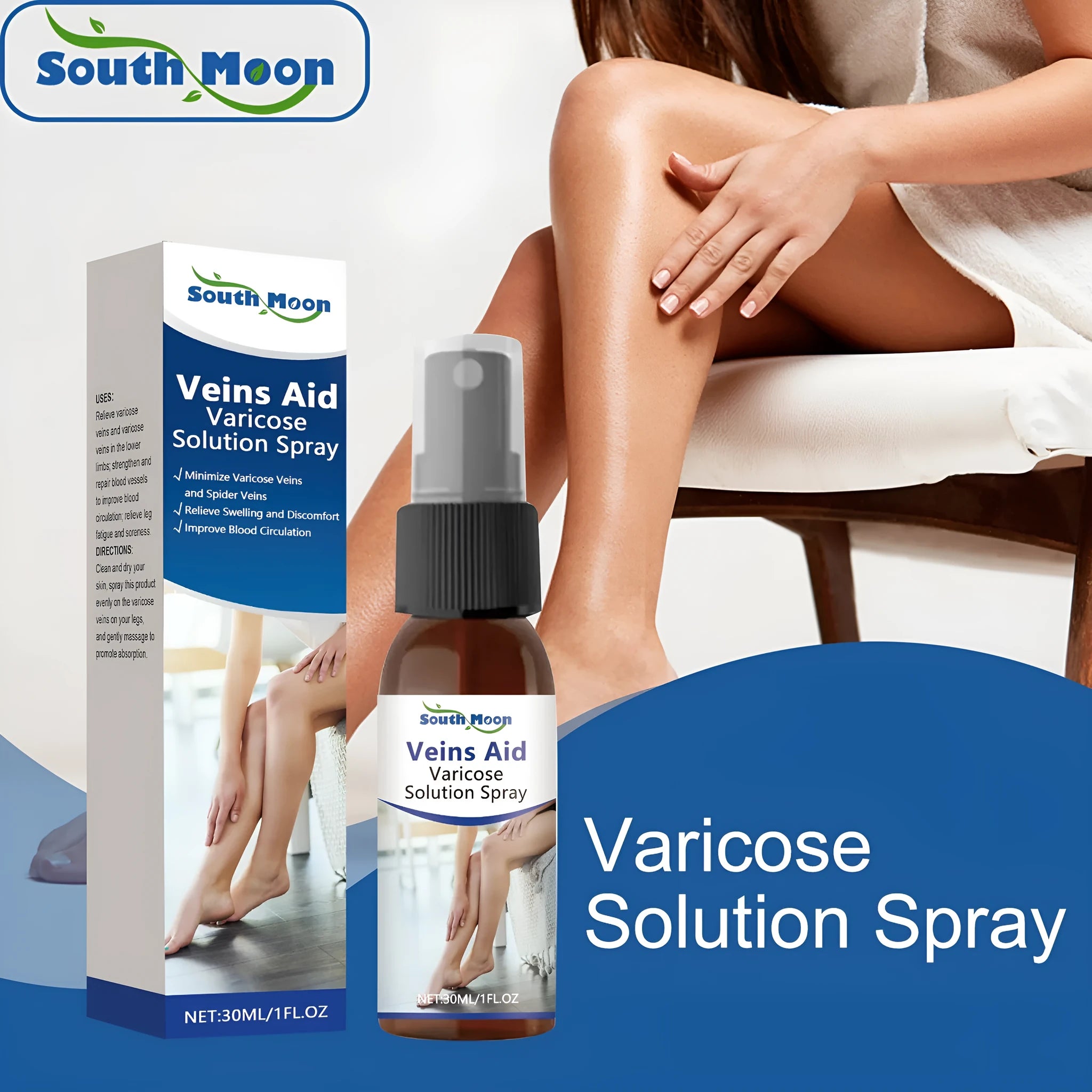 30ml bottle of leg care massage spray with a spray nozzle.