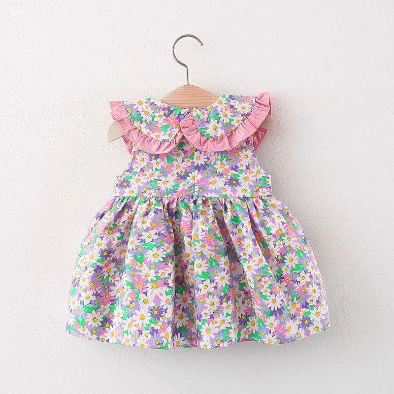 Baby girl summer dress with cotton lining, lace trim, and flower print, available in green, pink, yellow, suitable heights 73-100cm