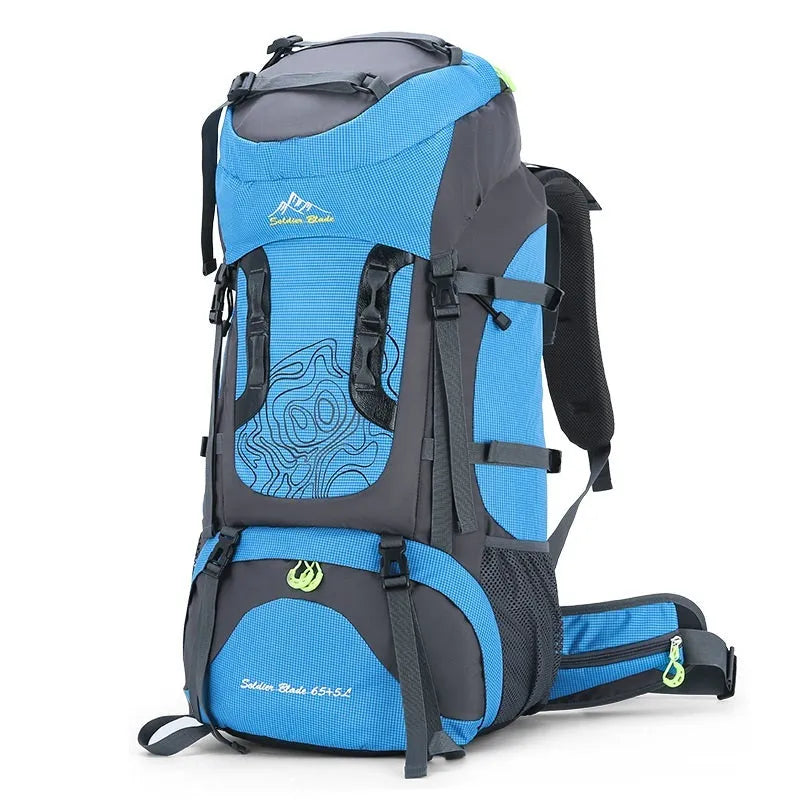 Waterproof polyester hiking camping backpack, 56-75L, 73 x 33 x 23cm, geometric pattern, unisex