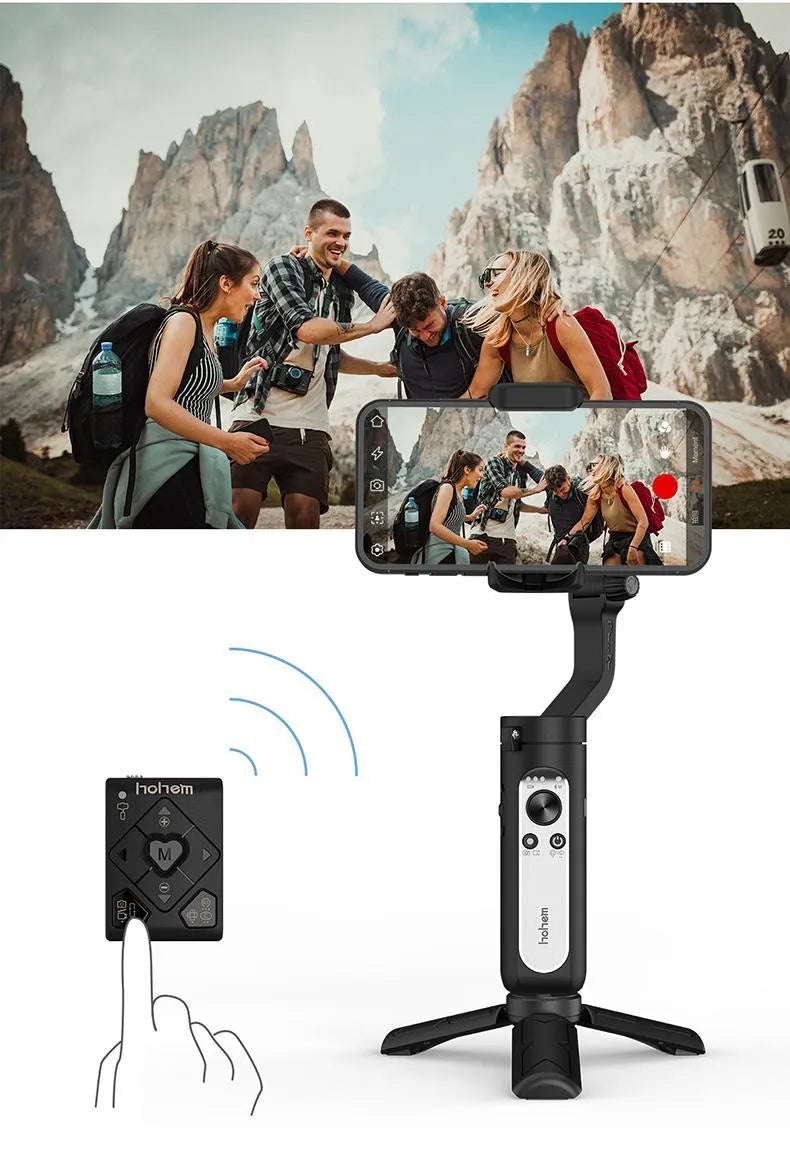 Black and white 3-axis mobile phone stabiliser shown folded to 179mm size with USB charging port