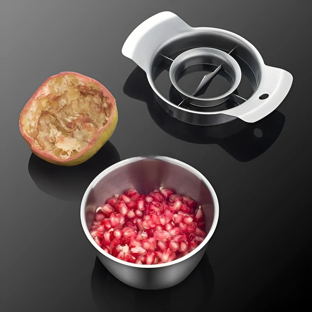 Stainless steel pomegranate fruit opener tool with optional bowl and wooden hammer on a kitchen counter.