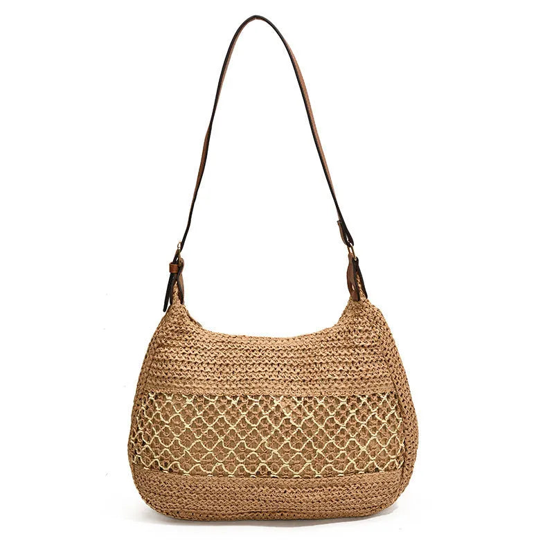 Women's straw cross body bag in khaki colour with horizontal square shape and cross body strap