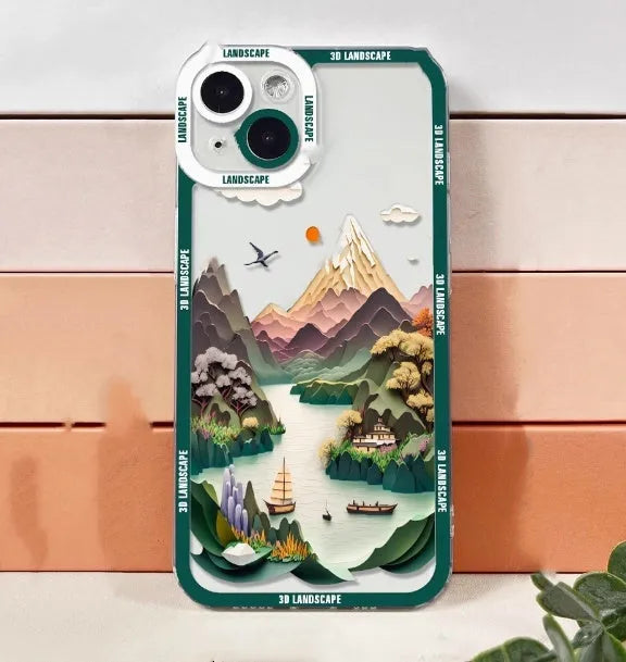 3D landscape silicone phone case in dark grey for iPhone