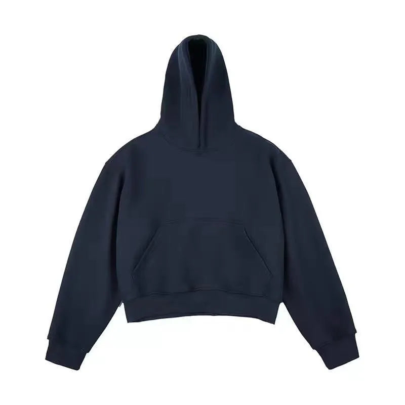 Dark grey Chinese cotton velvet hooded sweatshirt with a removable hood on a hanger.