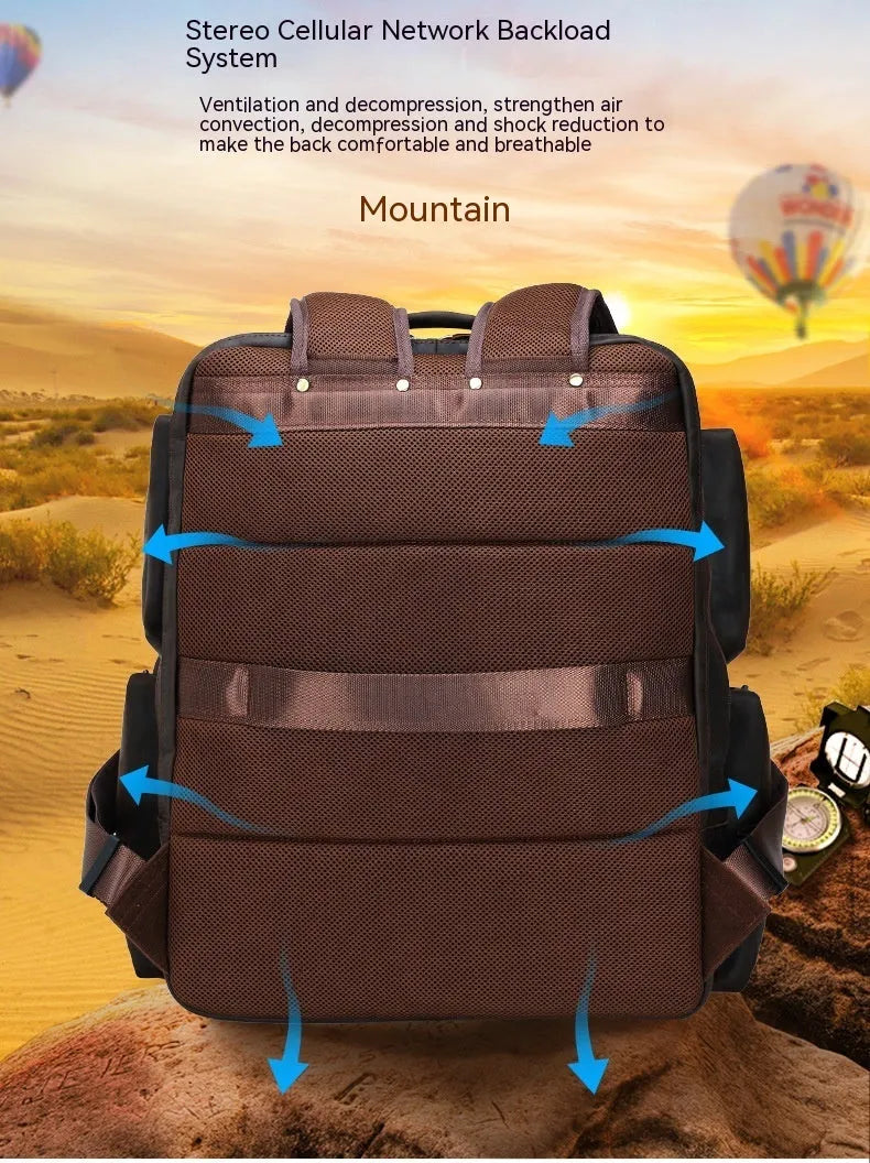 Dark brown genuine leather men's backpack open to show 17-inch laptop compartment and internal organiser pockets.