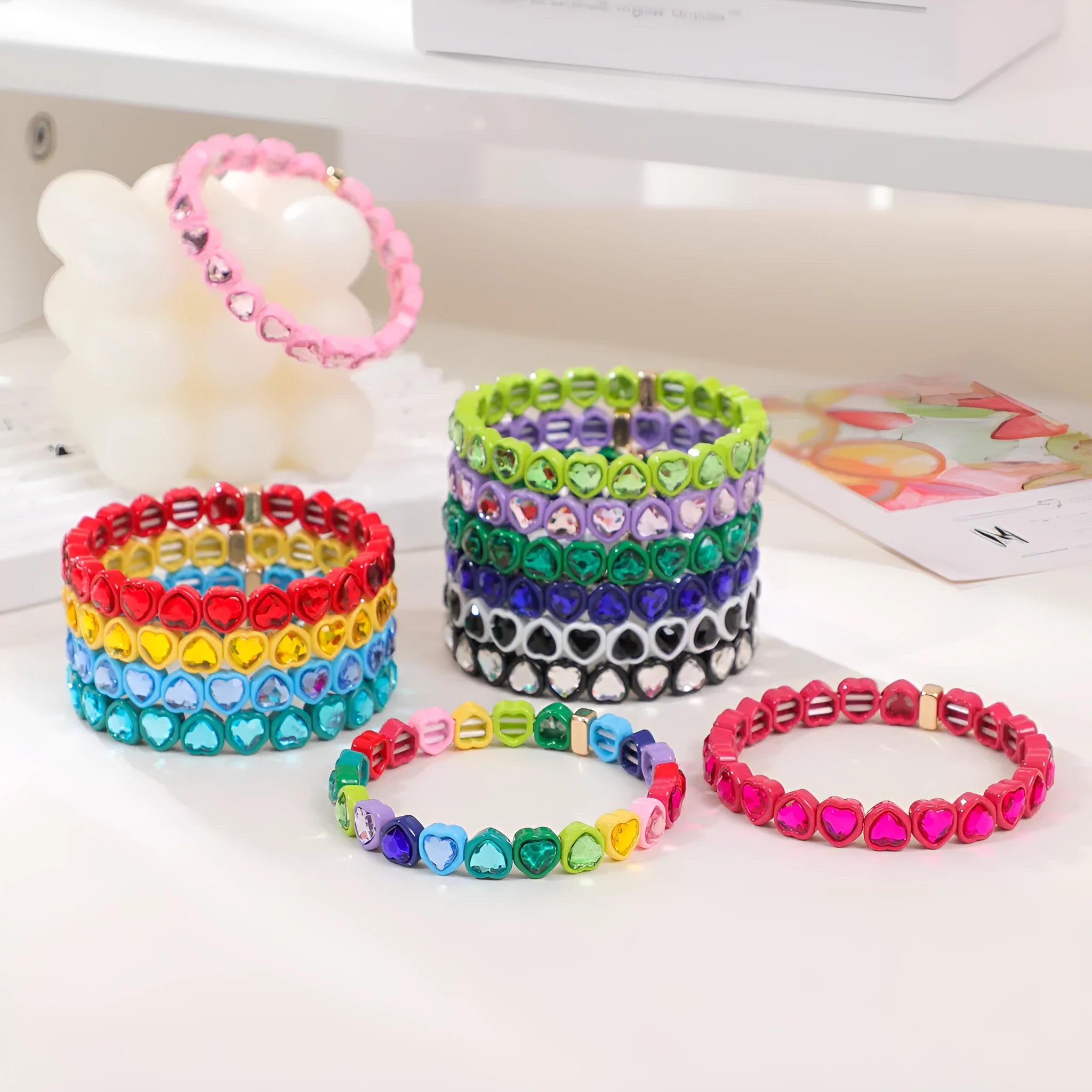Rainbow enamel alloy heart stretch bracelet showing heart charm with diamond treatment in multiple colour options