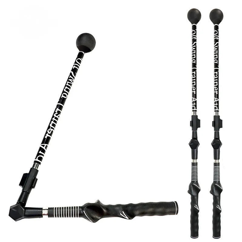 Blue golf swing training aid stick with ergonomic grip and shoulder cushion on green grass