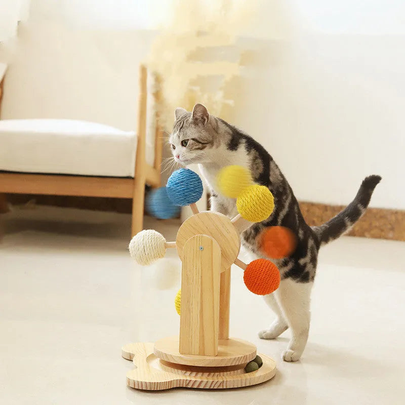 Solid wood rotary table cat scratch board with sisal hemp surface in medium size for indoor cats