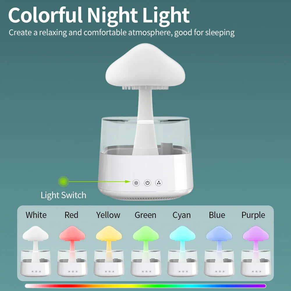 White rain cloud design desk humidifier and aromatherapy diffuser with mushroom-shaped night light on a wooden table.