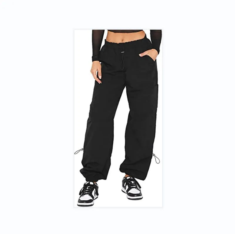 Straight-leg loose cargo casual pants in black with multiple pockets