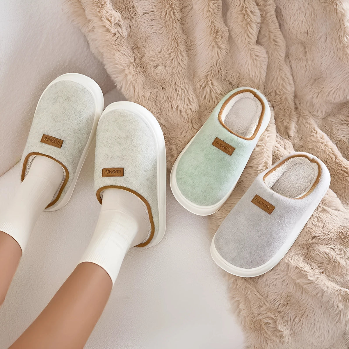 Women's winter slippers in solid colours with woolen fabric upper and EVA sole, flat heel, low top, sizes 36-45